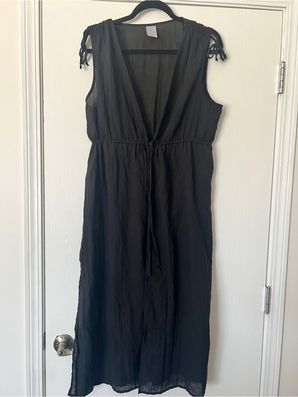 Kona Sol Black Maxi Dress Swim Cover Up Deep V-Neck Drawstring Boho Style L /XL